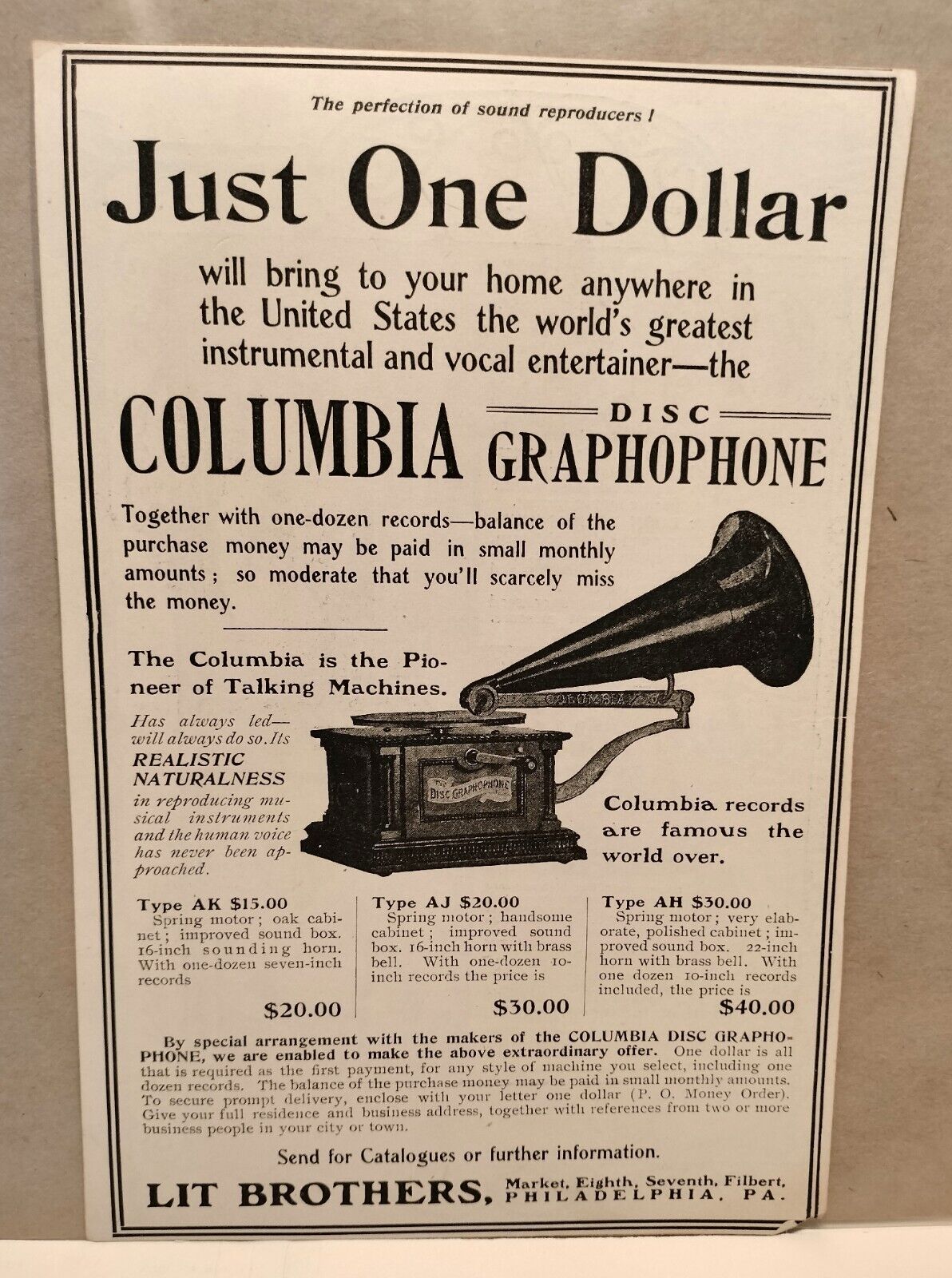 1904 Columbia Front Mount Disc Phonograph Ad – Original