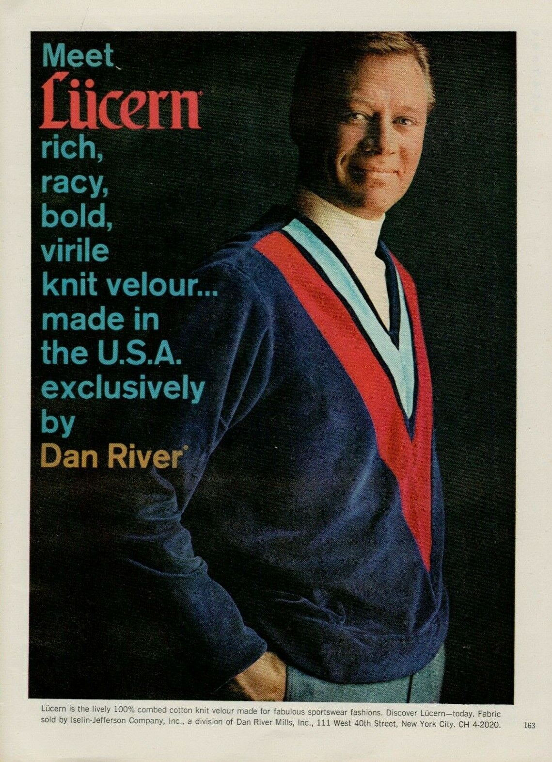 1966 Dan River Lucern Velour Blue Red Sweater Turtleneck Men\'s Vintage Print Ad