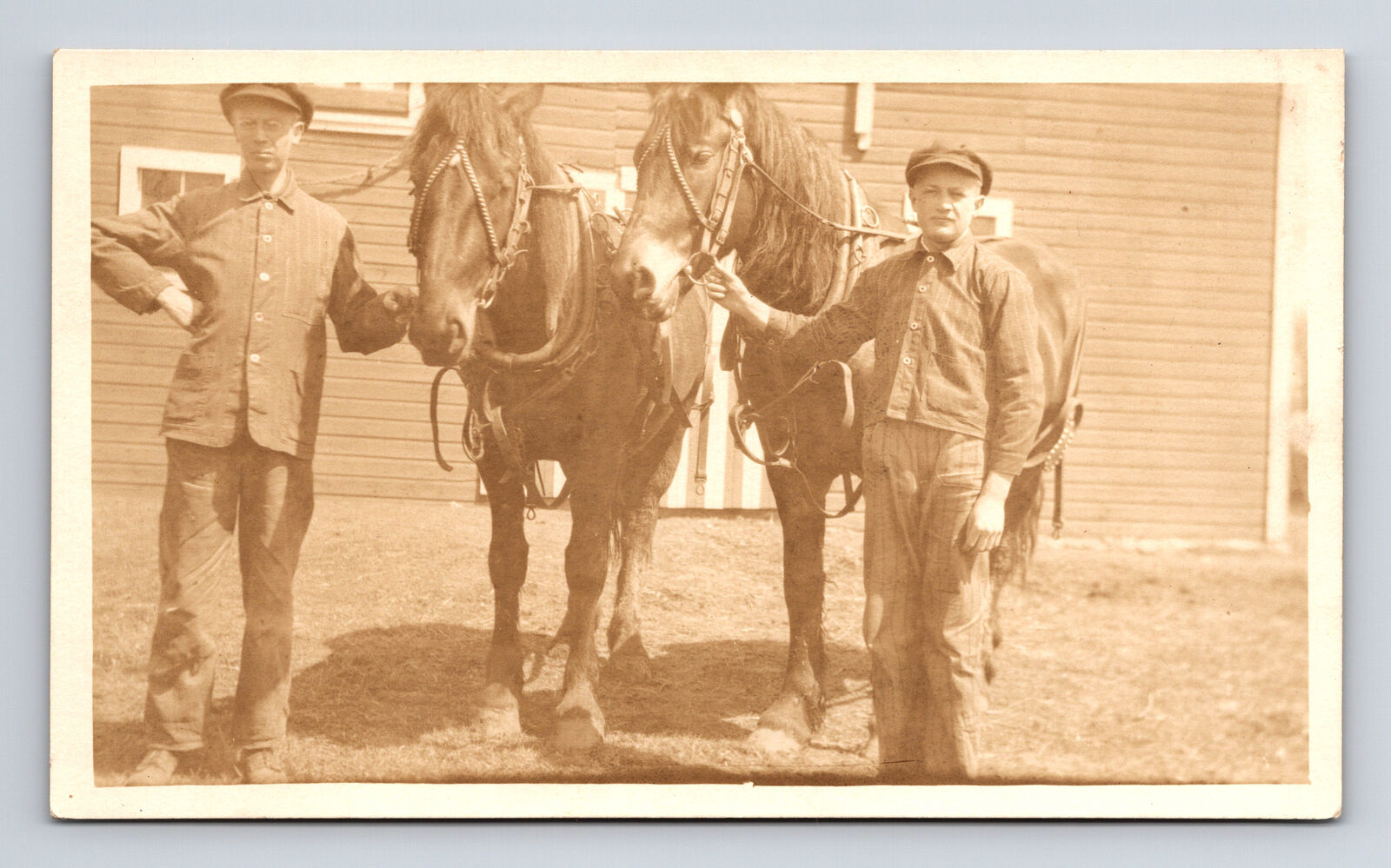 RPPC Two Men with Two Horses Large Barn Real Photo Postcard