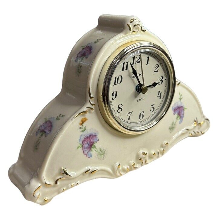 Vintage Bulova Porcelain Mantle Clock Floral B1733 Taiwan