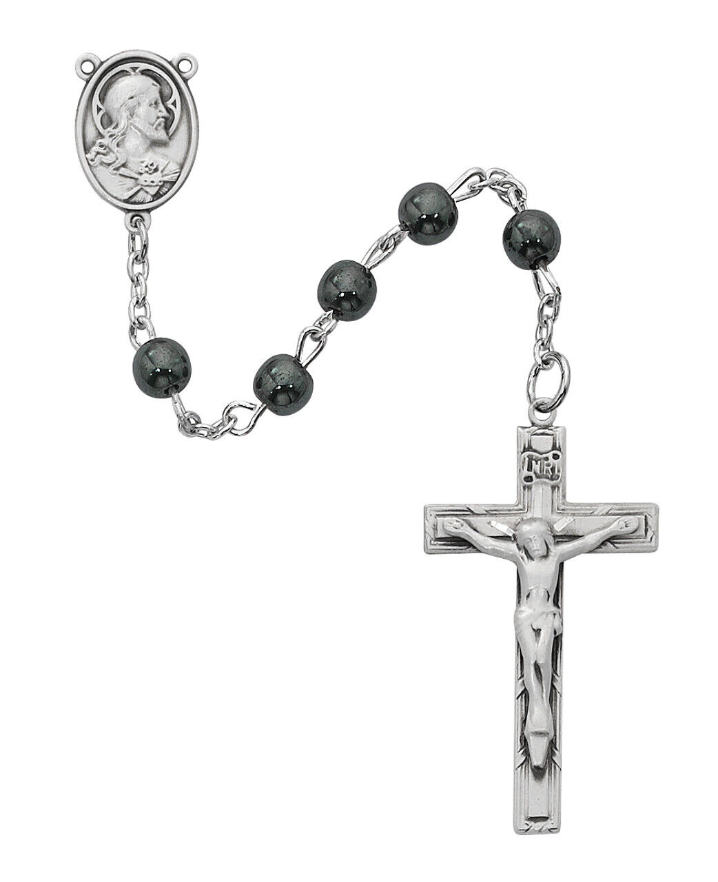 Sterling Silver Genuine Hematite 6mm Bead Rosary Center And Crucifix 19 Inch
