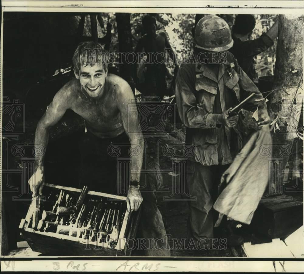 1970 Press Photo U.S.-Made Pistols Found in North Vietnamese Camp, Cambodia
