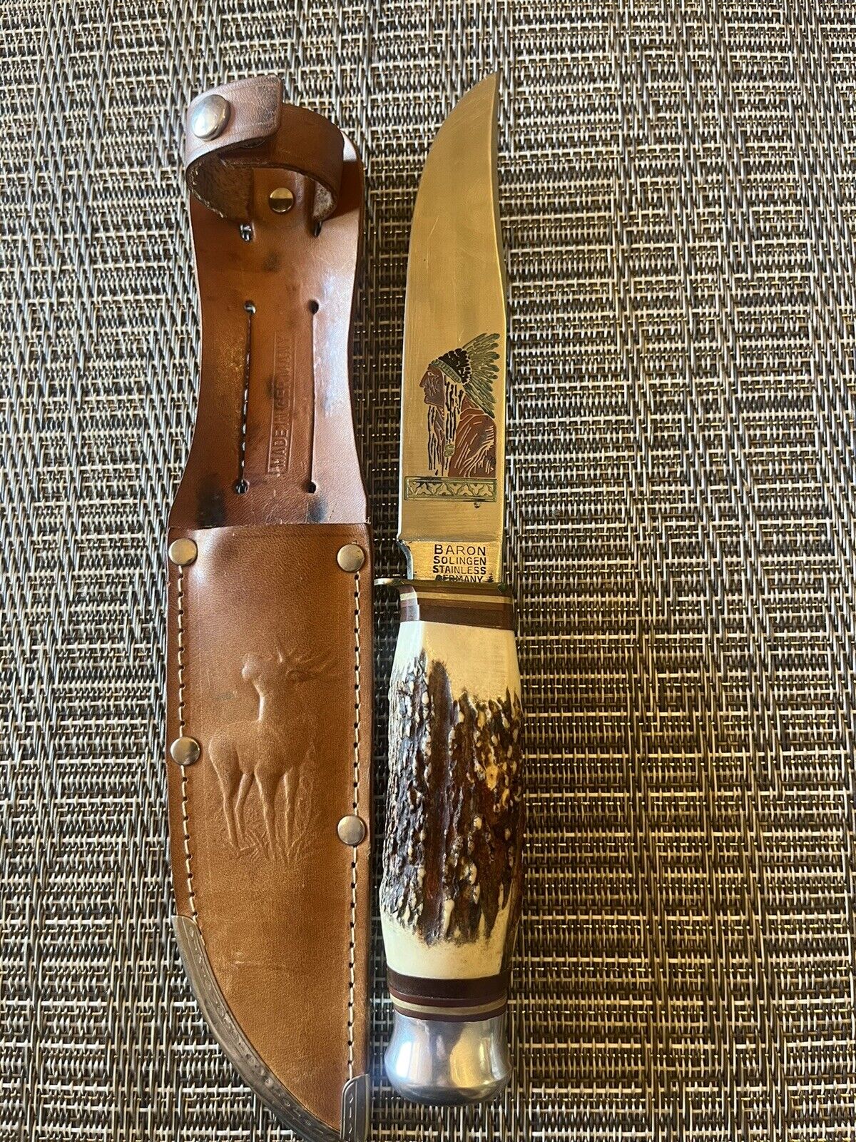 Vintage Baron Solingen Germany Carved Elk Stag Handle Etched Fixed Blade 