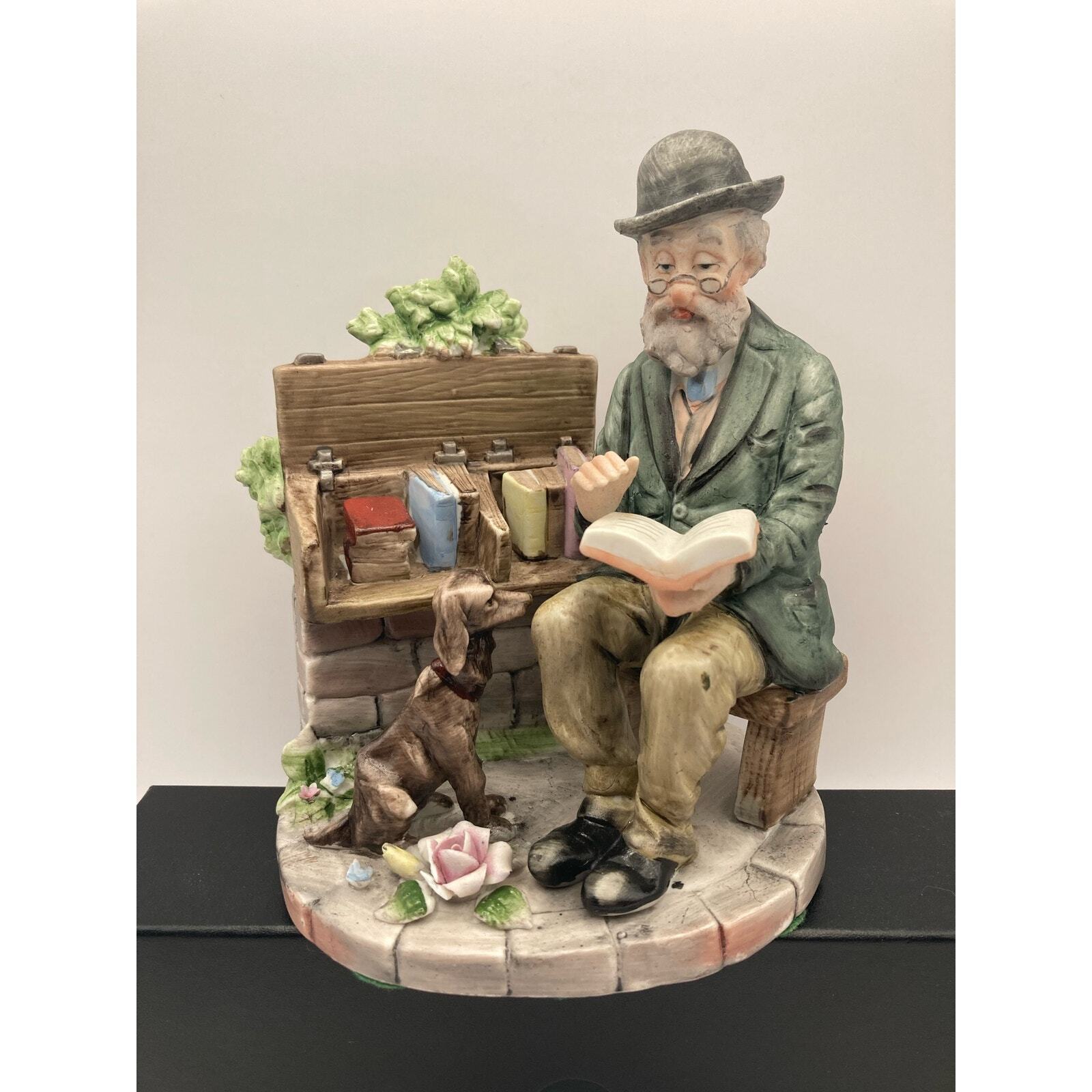 Vintage Lefton China Hand Painted Figurine Old Man Reading Books and Loyal Dog