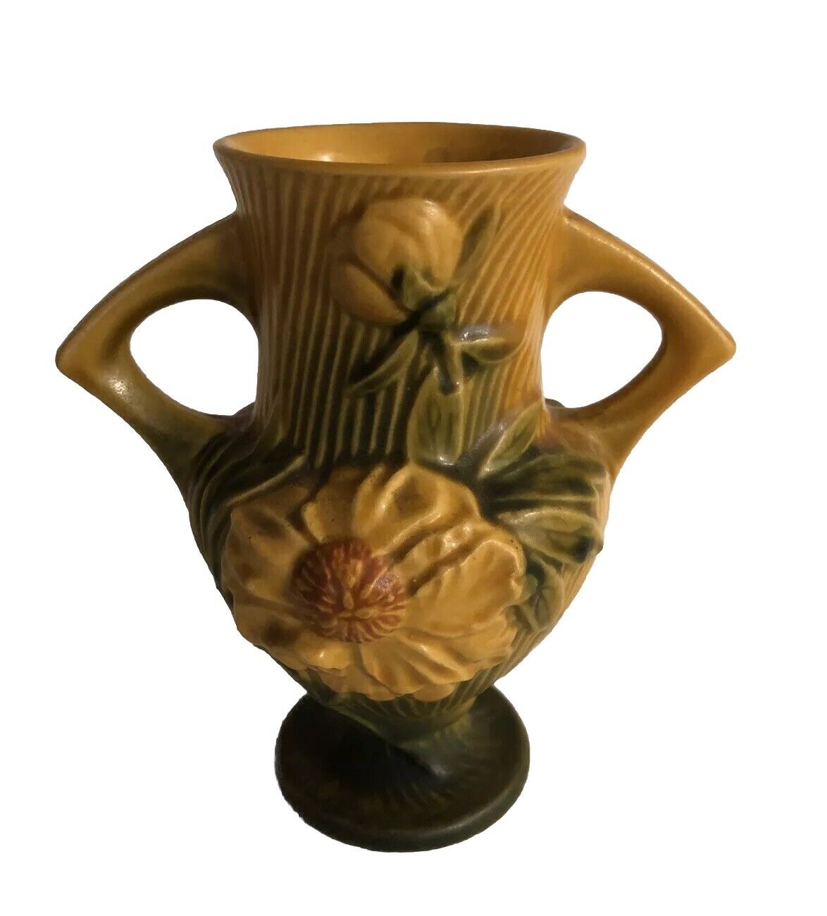 ROSEVILLE POTTERY Peony Two Handled Vase USA 168-6\'\' Yellow Green Signed EUC