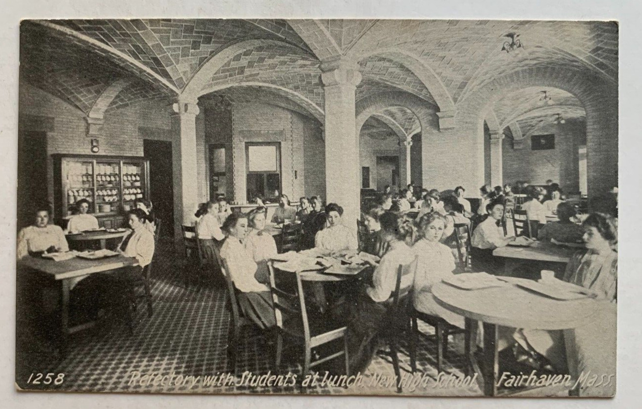 ca 1900s MA Postcard Fairhaven New High School Refectory Girls Students at Lunch