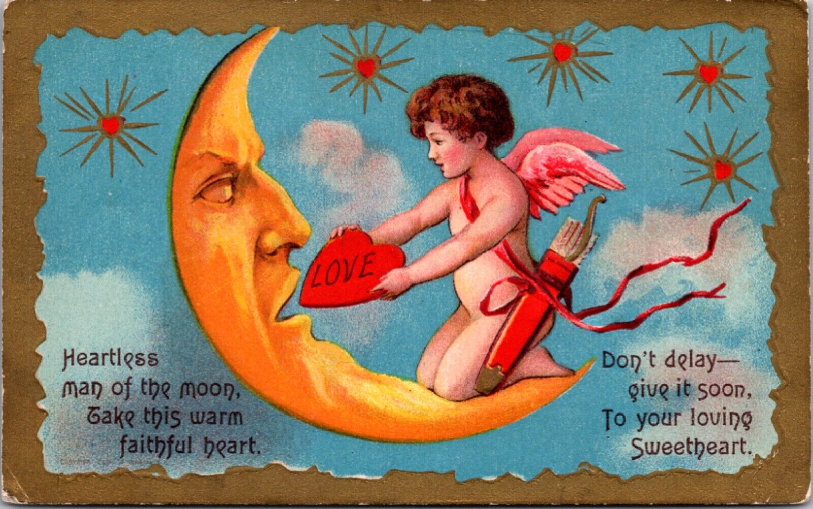 Valentine\'s Day Postcard Cupid Cherub Feeding Love Heart to Crescent Moon in Sky