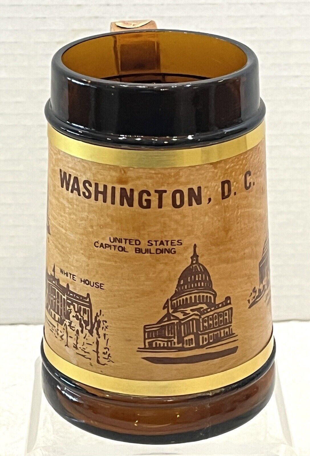 Vintage Capsco Washington DC Souvenir Mug Amber Brown Wood Wrap & Handle Sticker