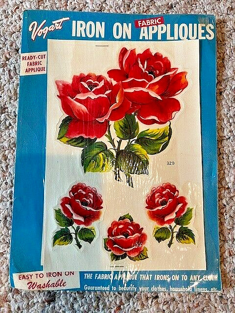 Vintage 1953 Vogart  iron on fabric Appliques red roses - unused