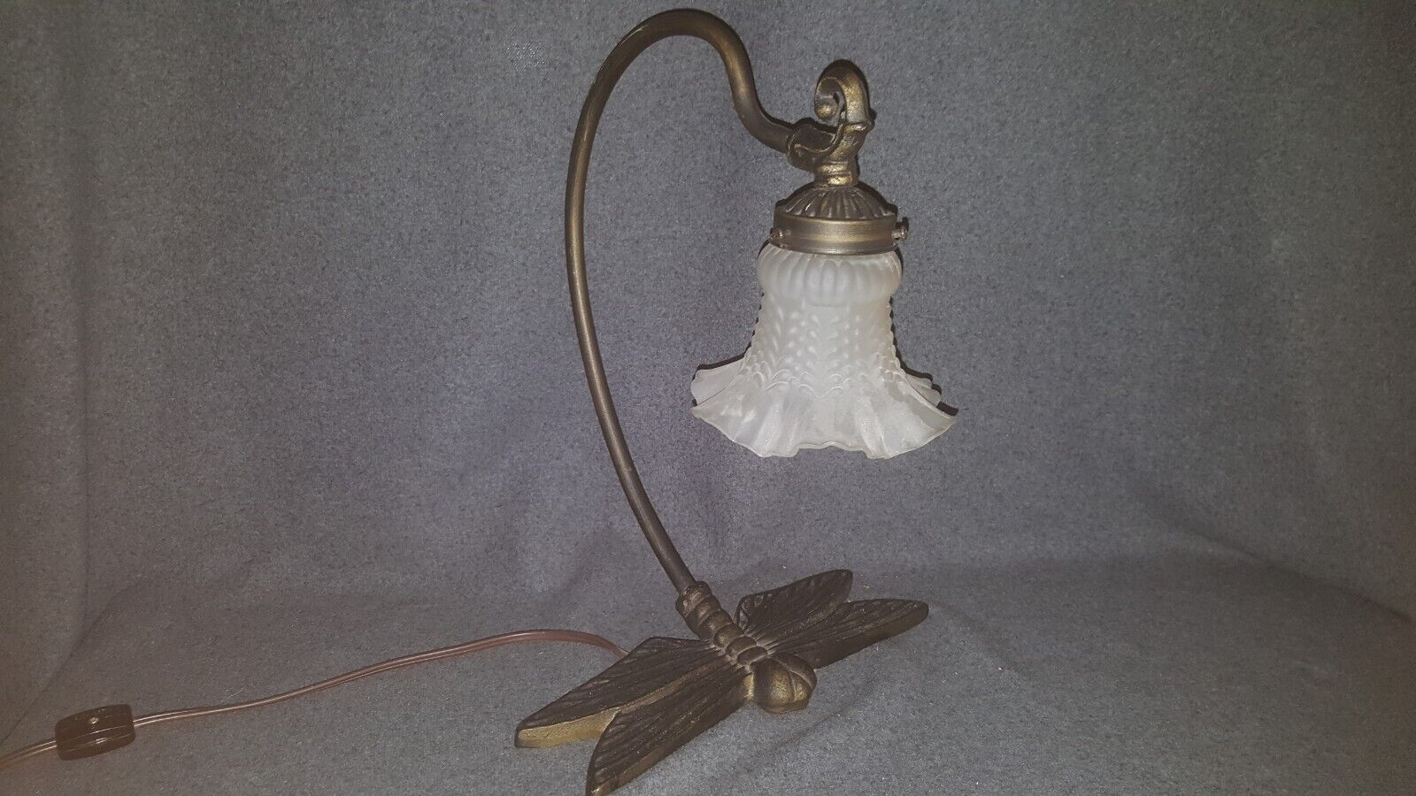 Vintage Dragonfly Gooseneck Lamp With Frosted Glass Shade