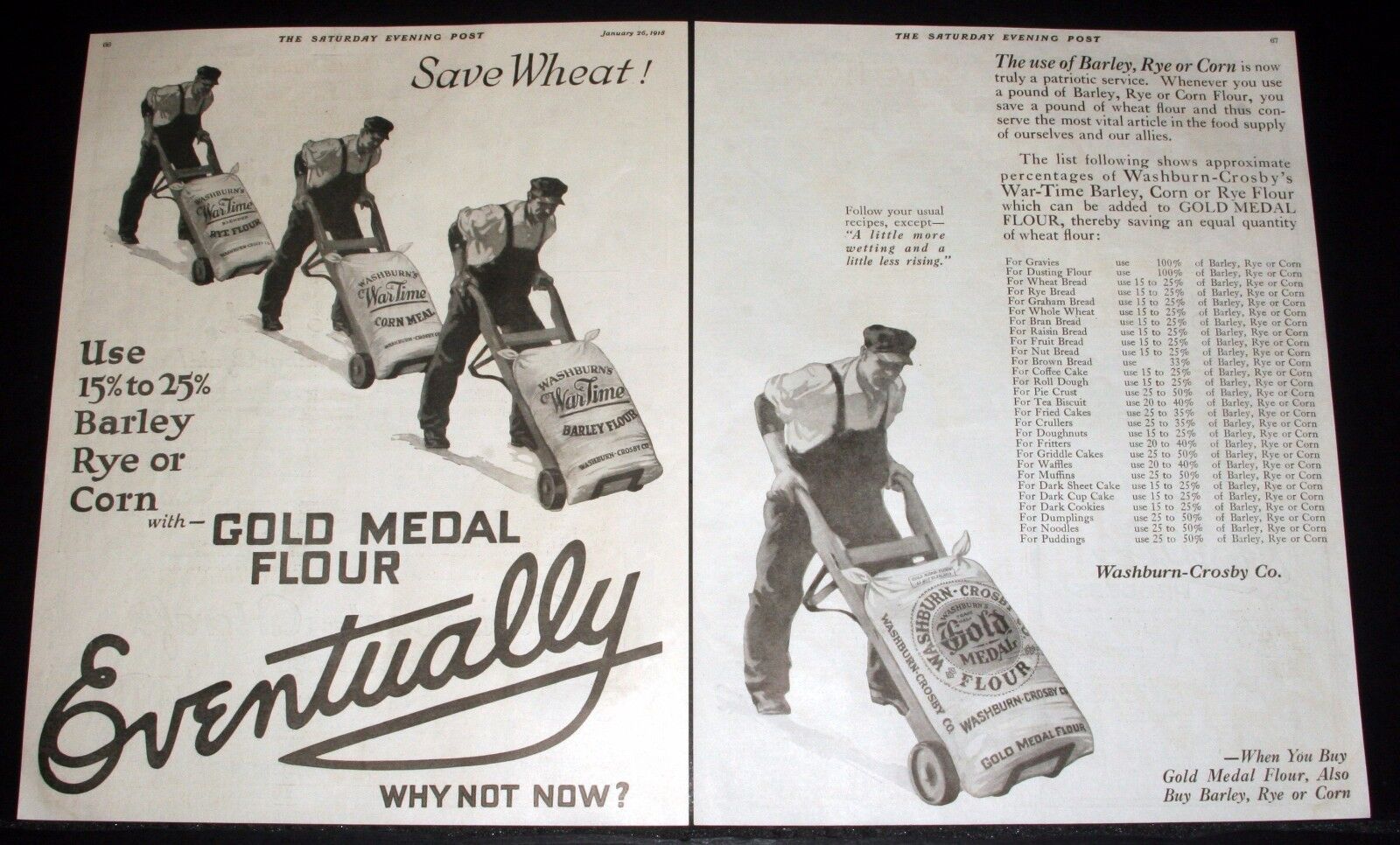 1918 OLD WWI MAGAZINE PRINT AD, WASHBURN WAR TIME GOLD MEDAL FLOUR, SAVE WHEAT