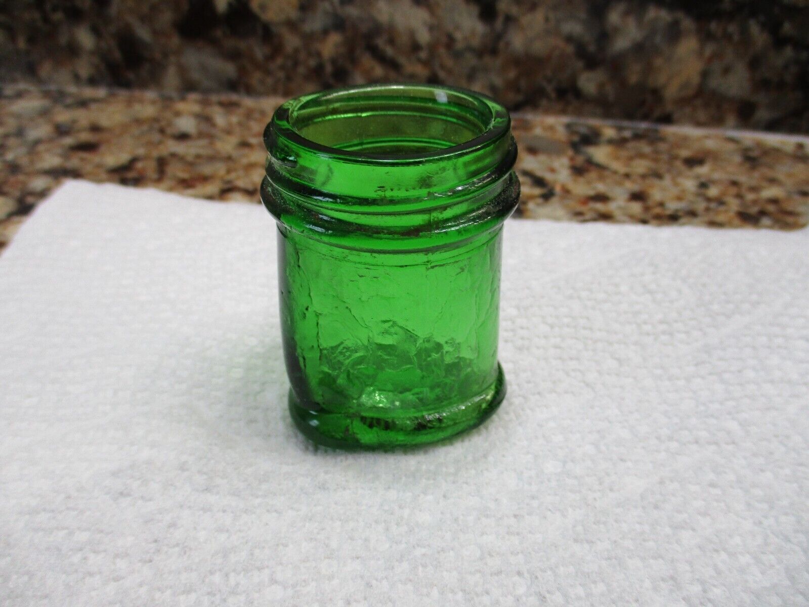 Small Antique Emerald Green Crackled Glass Panel Medicine / Cosmetics Jar.