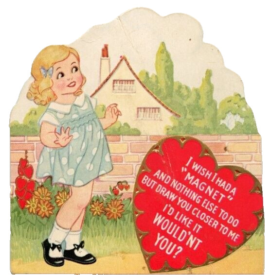 Vtg Valentine Card Girl Garden Hearts wish I Had a Magnet Draw You Closer c1930s