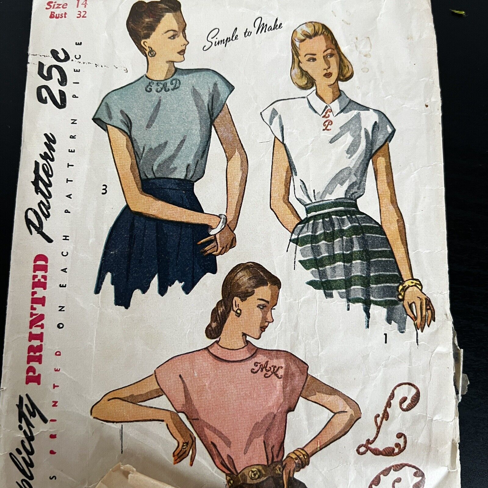 Vintage 1940s Simplicity 2311 Back Button Side Tuck Blouse Sewing Pattern 14 CUT
