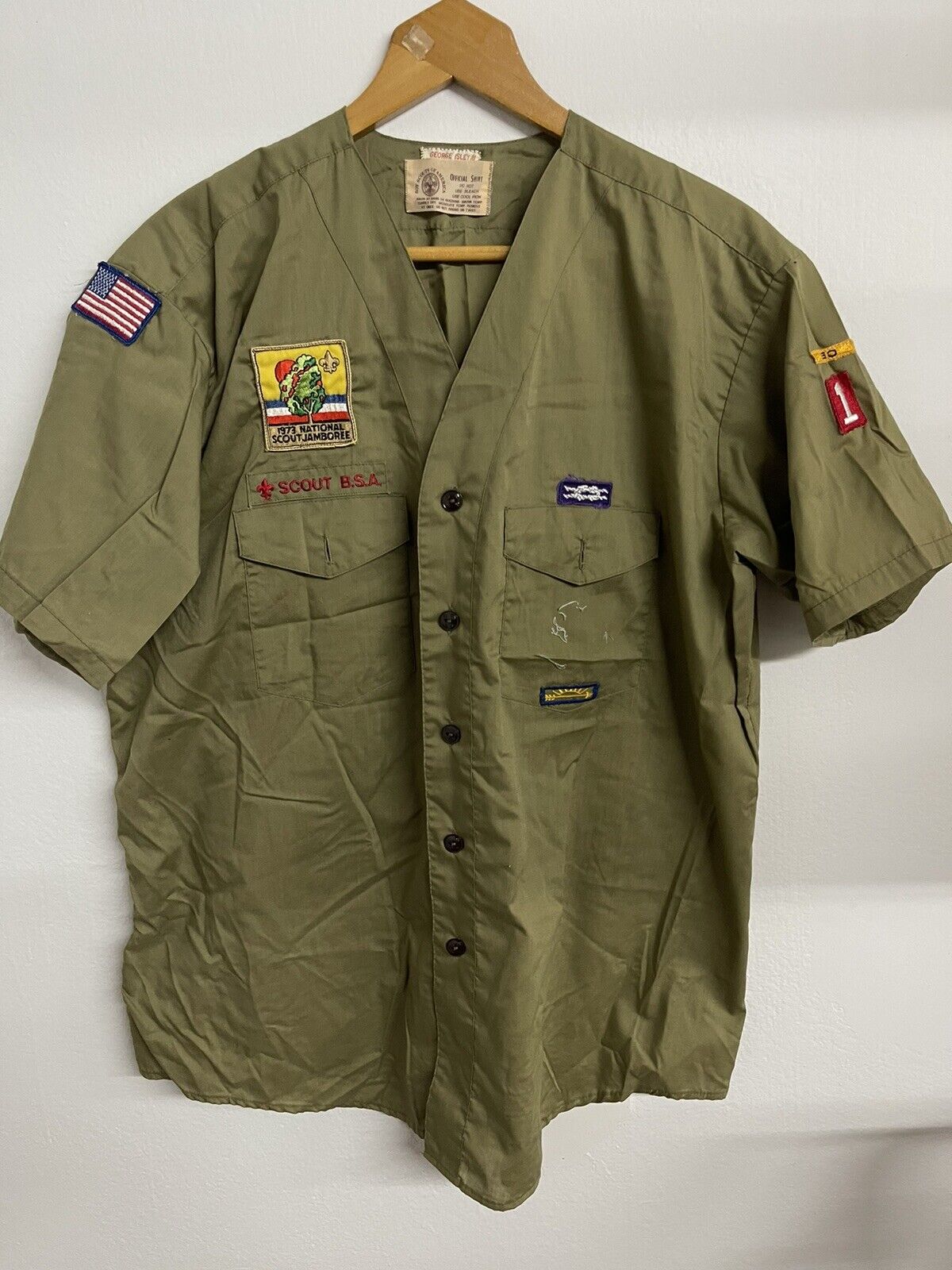 Vintage Boy Scouts Of America BSA Khaki Green Shirt w/ Patches 1970s