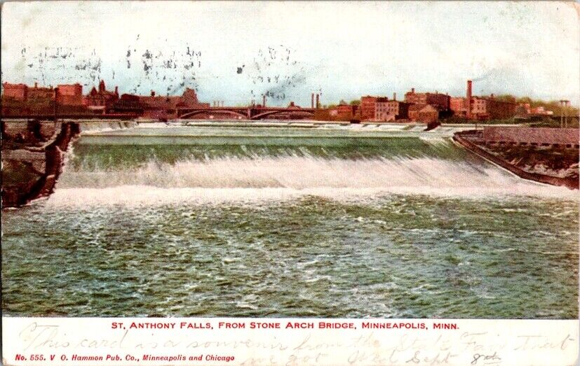 Postcard St. Anthony Falls Stone Arch Bridge Minneapolis MN Minnesota 1909 I-111