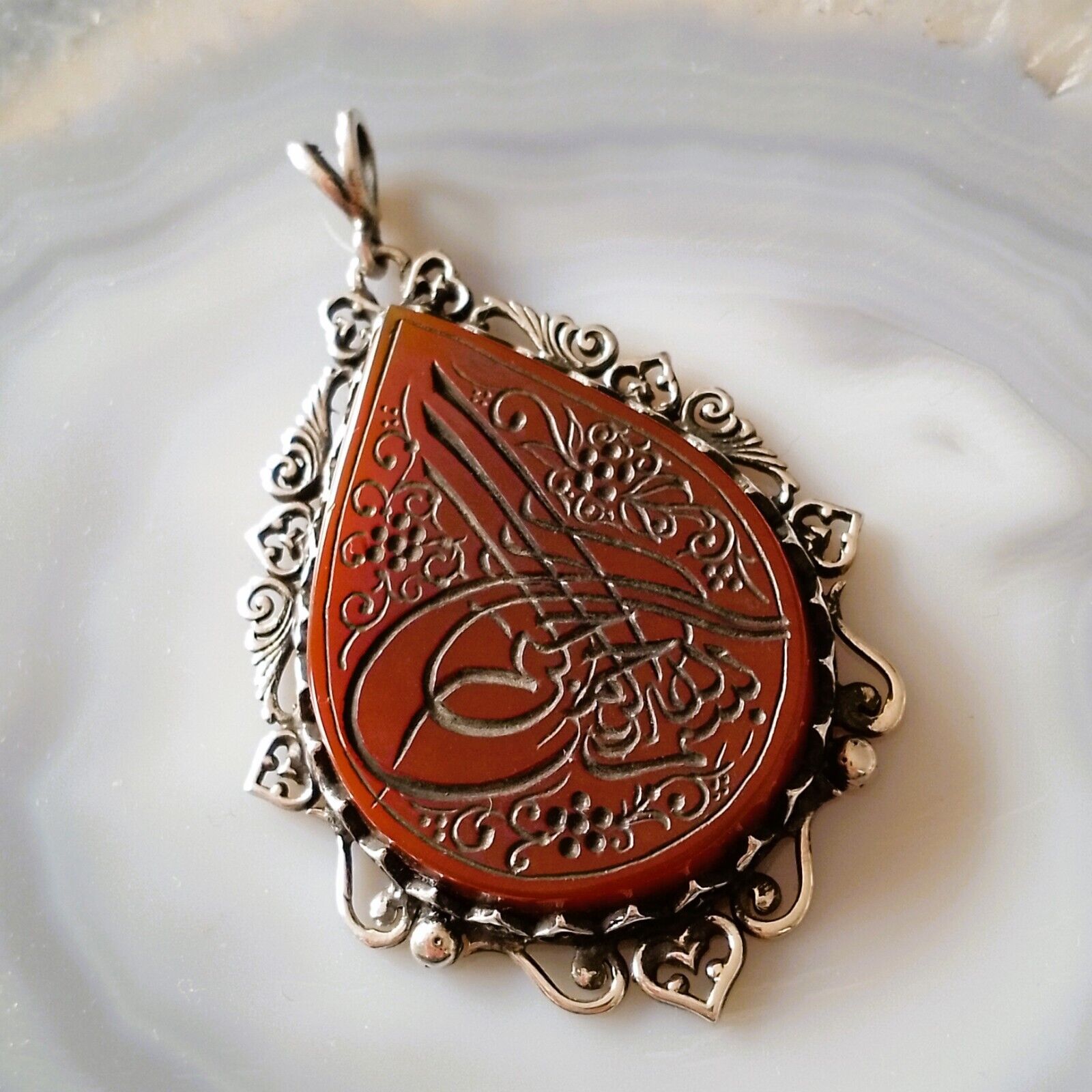 Islamic Calligraphy Engraving Agate Silver Design Pendant