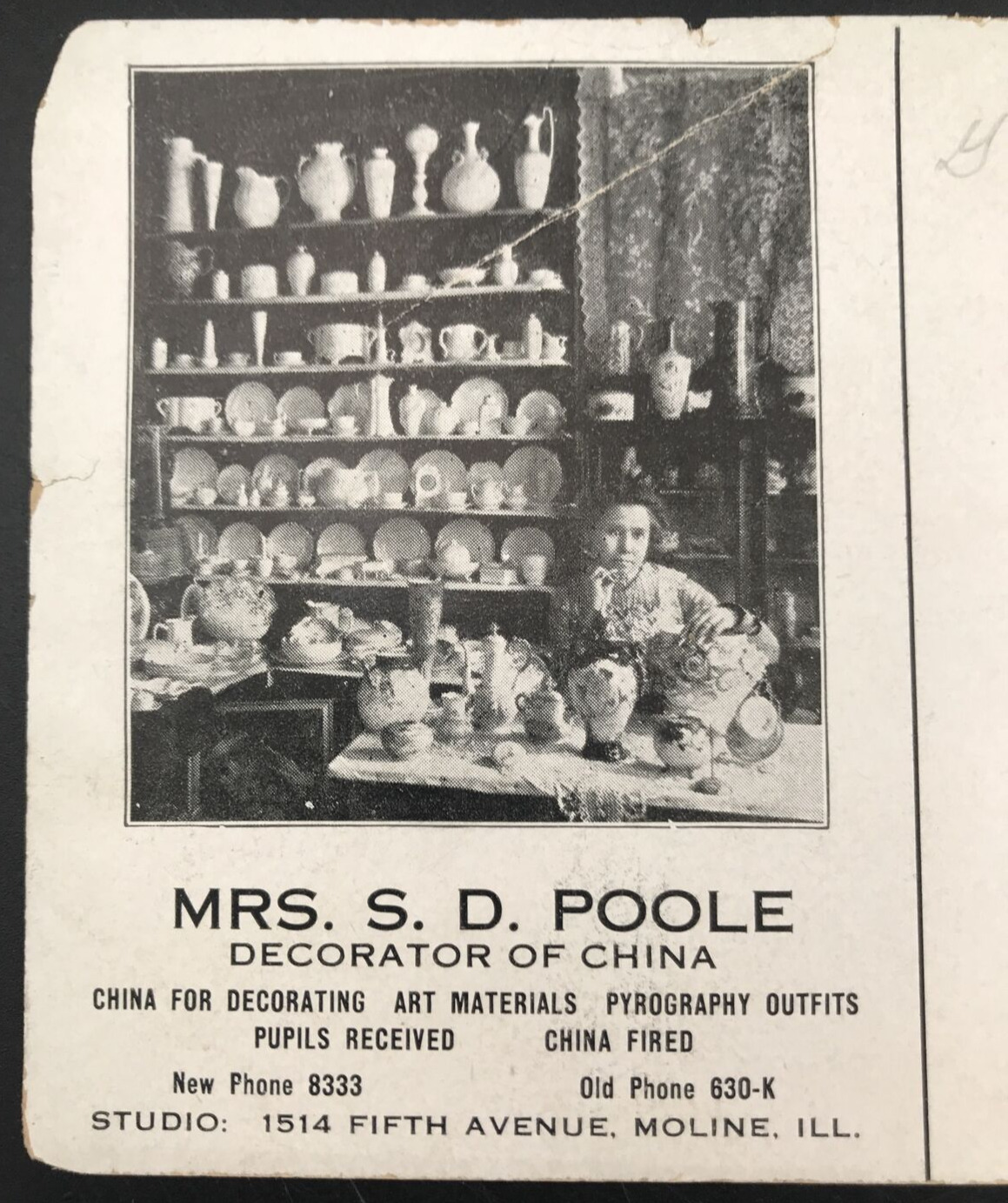 1900s Mrs SD Poole China Decorator Advertising Trade Postcard Moline Illinois IL