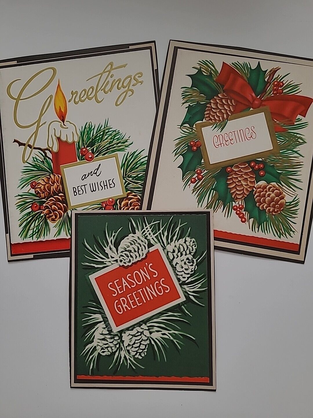 3 Vtg CHRISTMAS Seasons Greetings 1950s Pine Cones SALESMAN SAMPLE CARDS