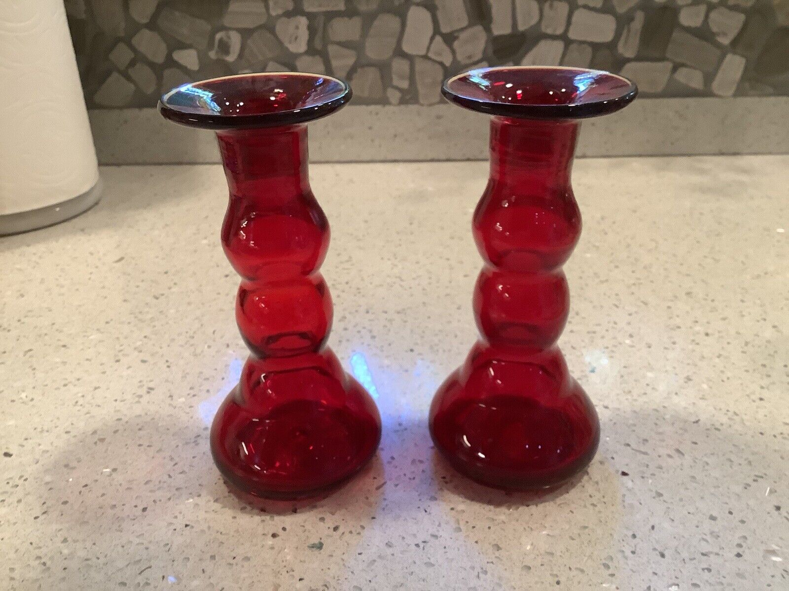 Vintage Set Of 2 Ruby Red Viking Glass Handblown Candle Holders