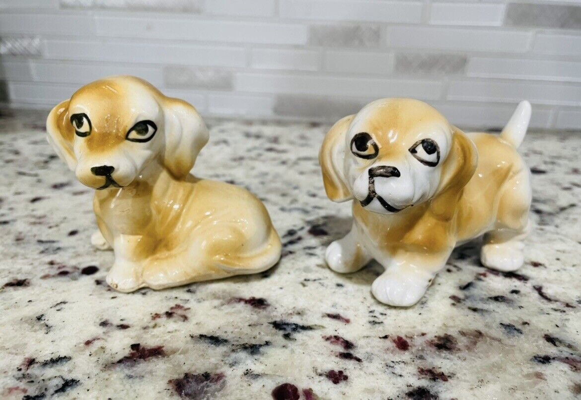 Hand Painted Tan and White Porcelain Dog Pair of Small Figurines Home Décor