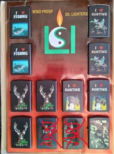 Lot of 10 NEW oil lighters in display stand. Hunting and Fishing theme graphics