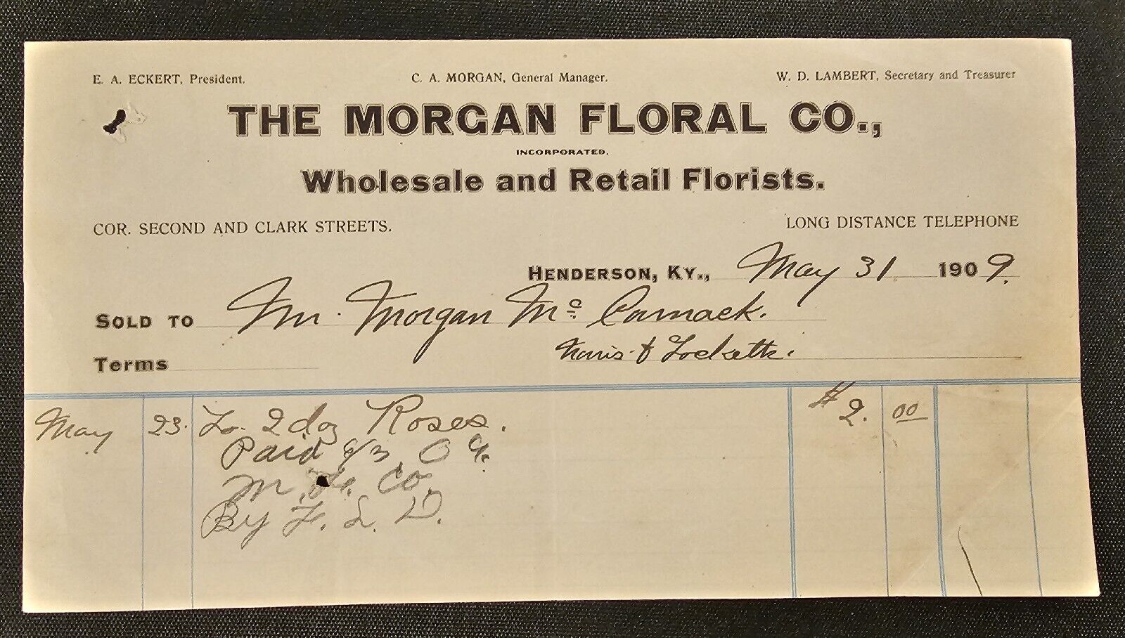 1909 The Morgan Floral Co Billhead Receipt Henderson, KY