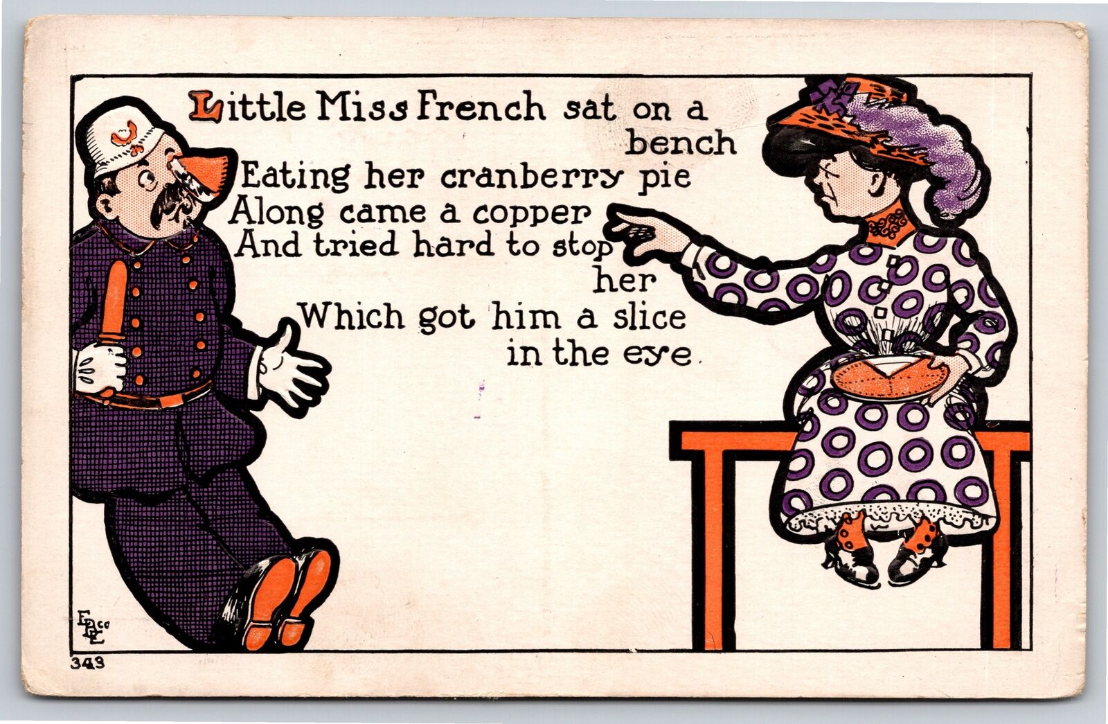 Comic~EBE Co~Little Miss French Gives Copper Slice of Pie In His Eye~Emb~Vtg PC