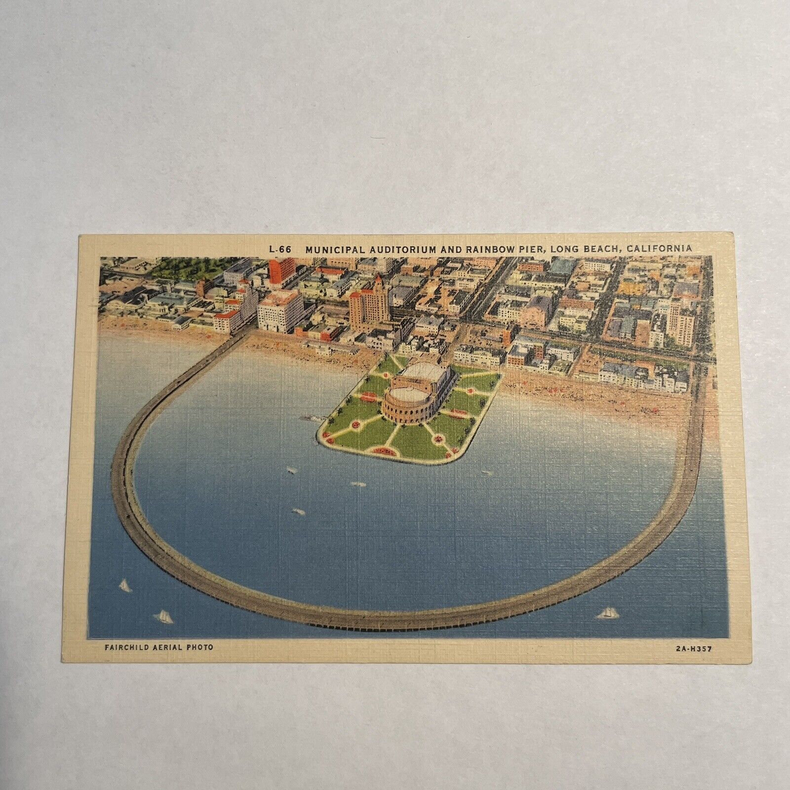 Postcard Showing Auditorium and Rainbow Pier Long Beach California Aerial