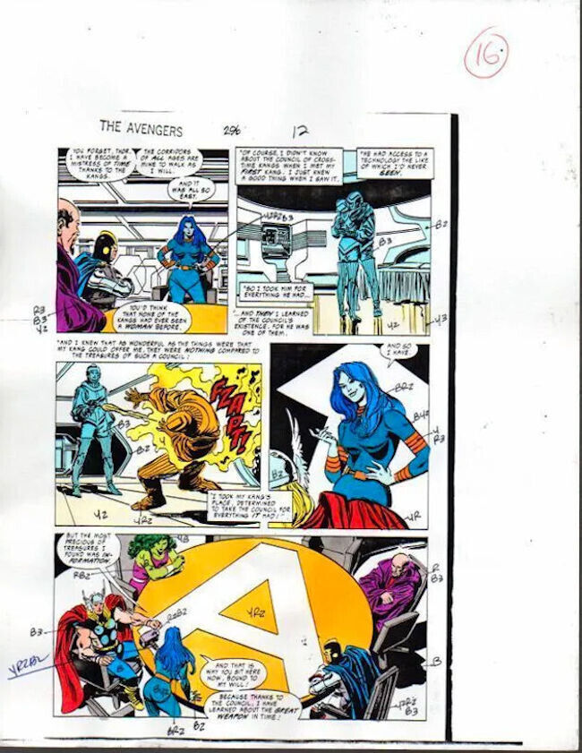 Original 1988 Avengers 296 color guide art page:Thor,She-Hulk,Marvel Comics,80\'s