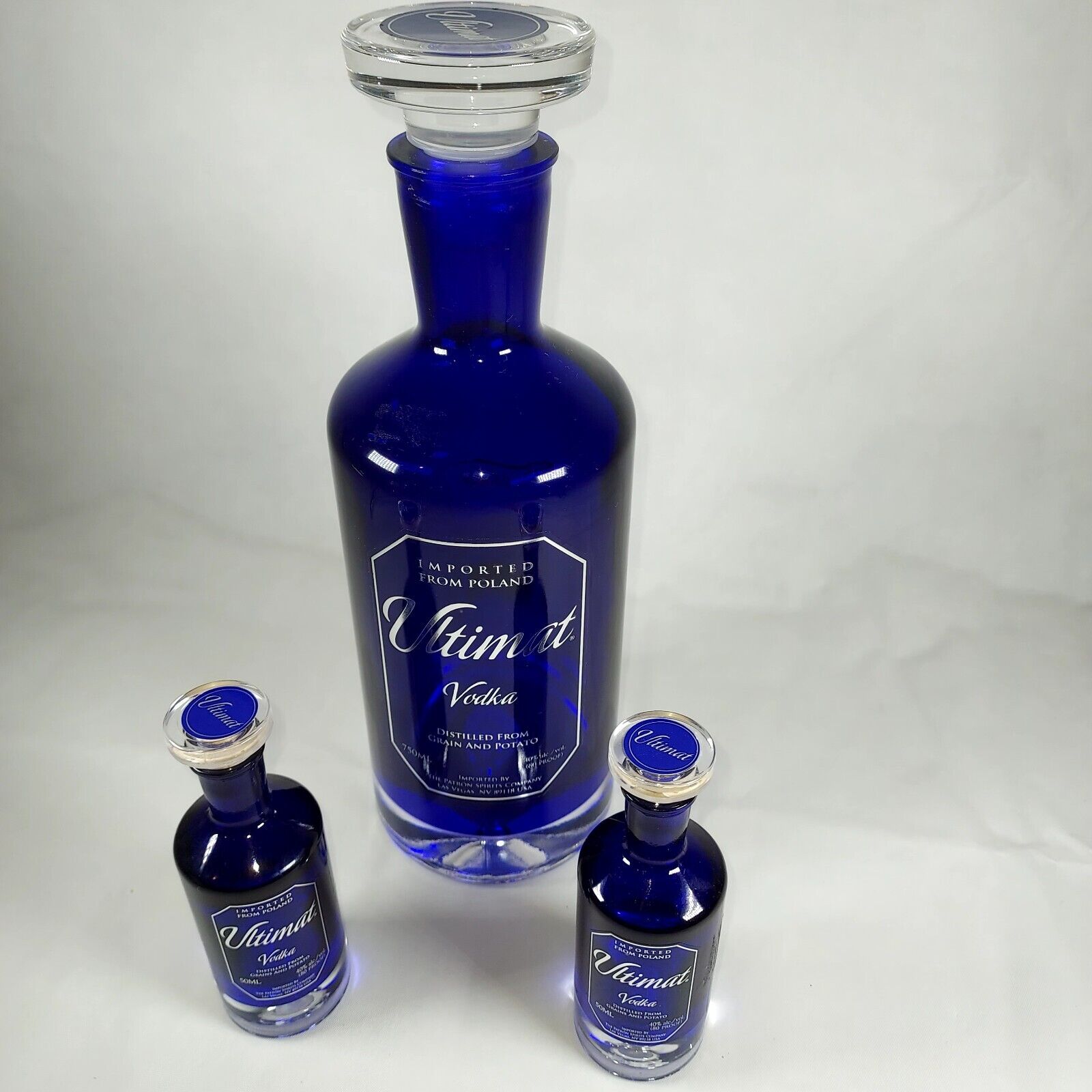 Lot of 3 Cobalt Blue Glass Vodka Bottles ~ Empty one large & two small