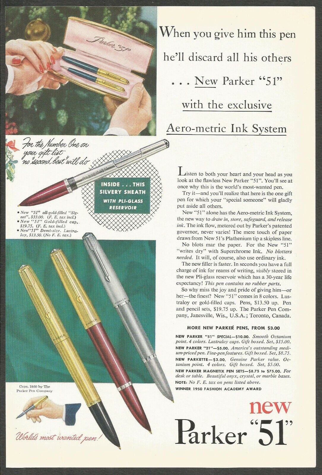 PARKER\'\'51\'\' pen.With Aero-metric Ink System - 1950 Vintage Nat Geo Print Ad