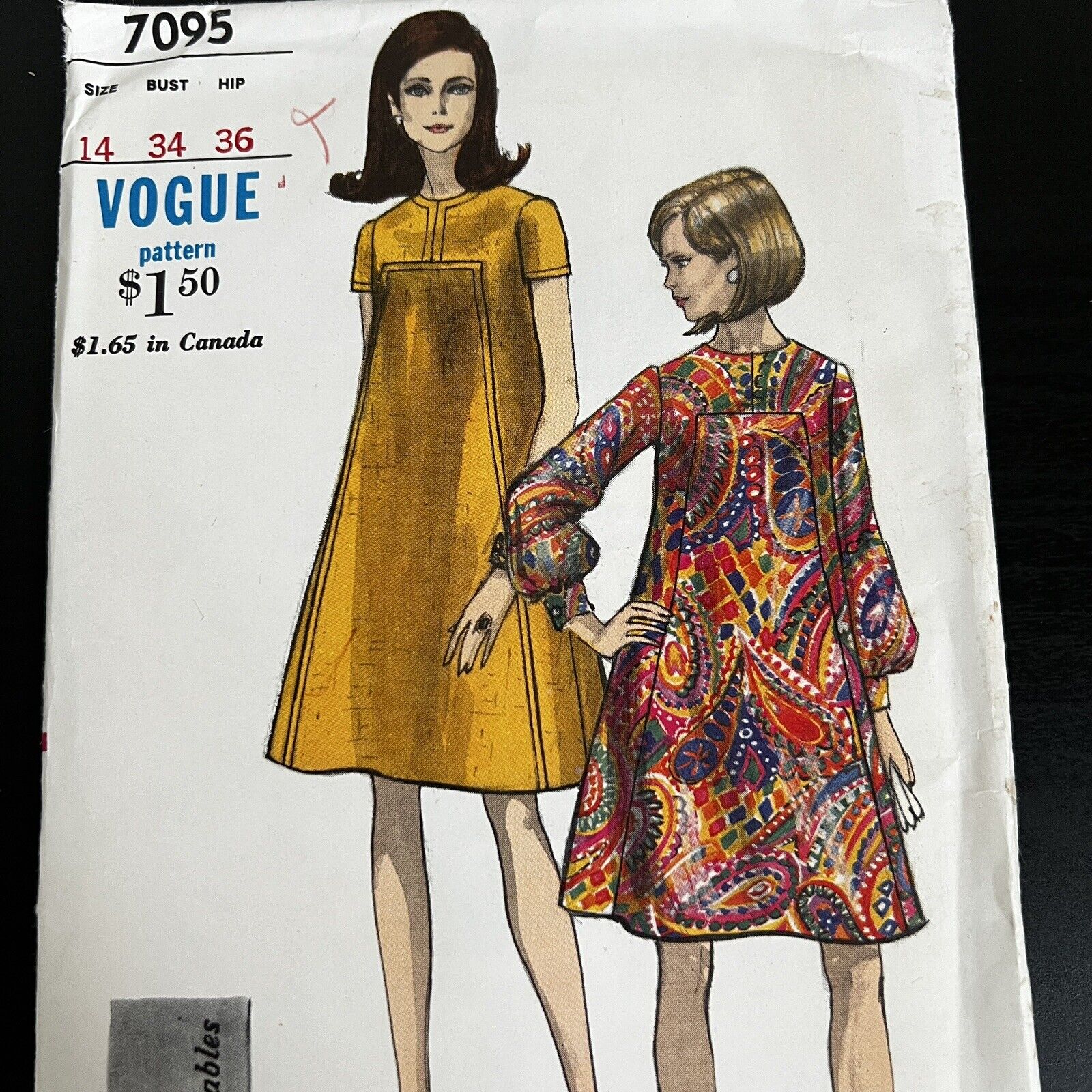 Vintage 1960s Vogue 7095 Mod Seaming Detail Tent Dress Sewing Pattern 14 XS CUT