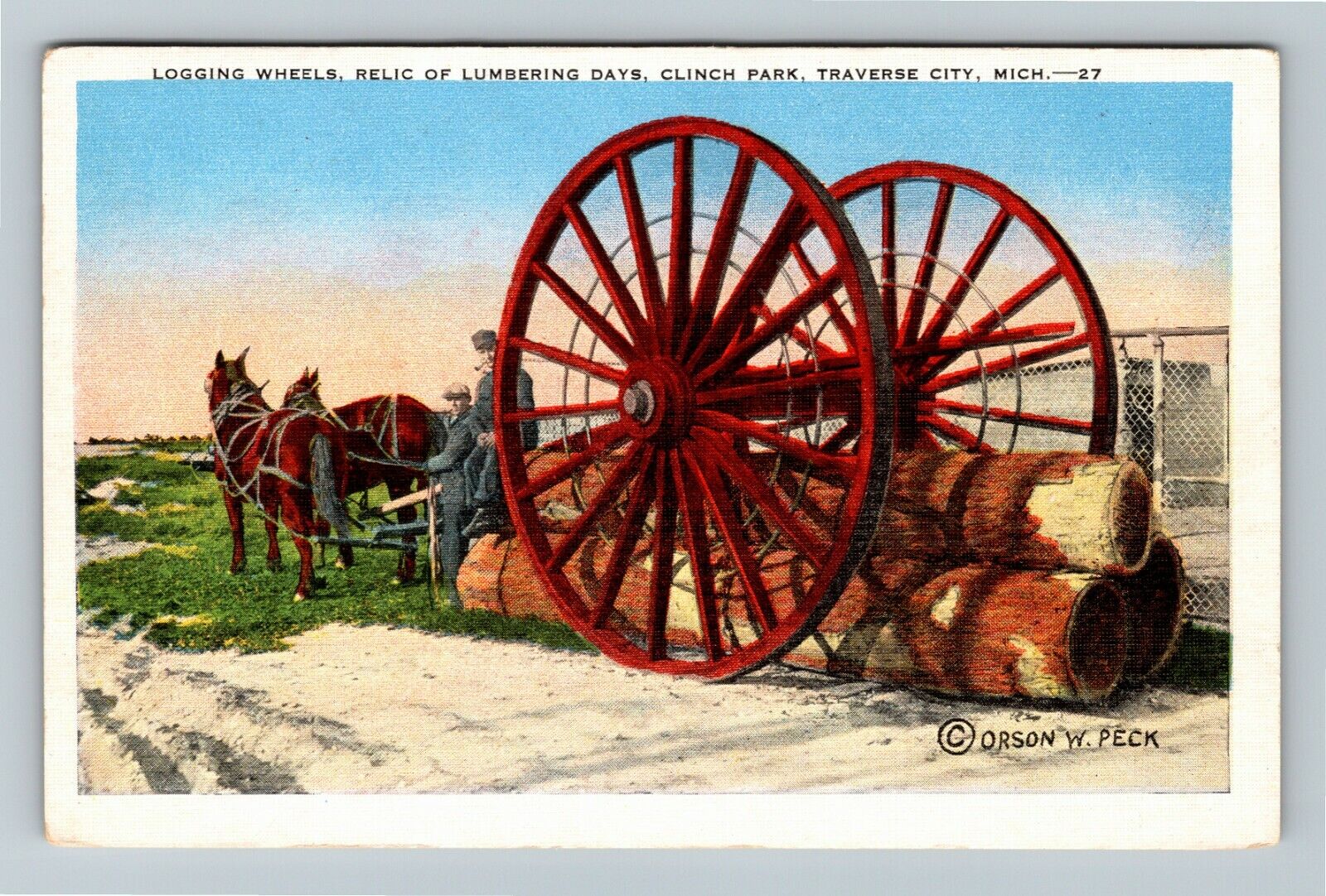 Traverse City MI-Michigan Logging Wheels Lumbering Clinch Park Vintage Postcard