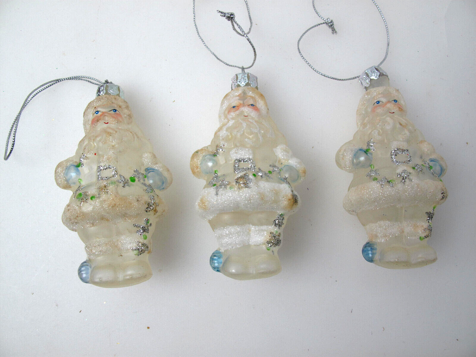 Vintage Lot of 3 Vintage White and silver Santa Christmas ornaments 3.5\