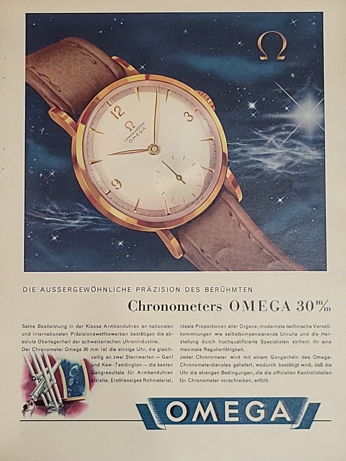 Omega Chronometere Watch 1947 Print Advertising Du Swiss Luxury German Color