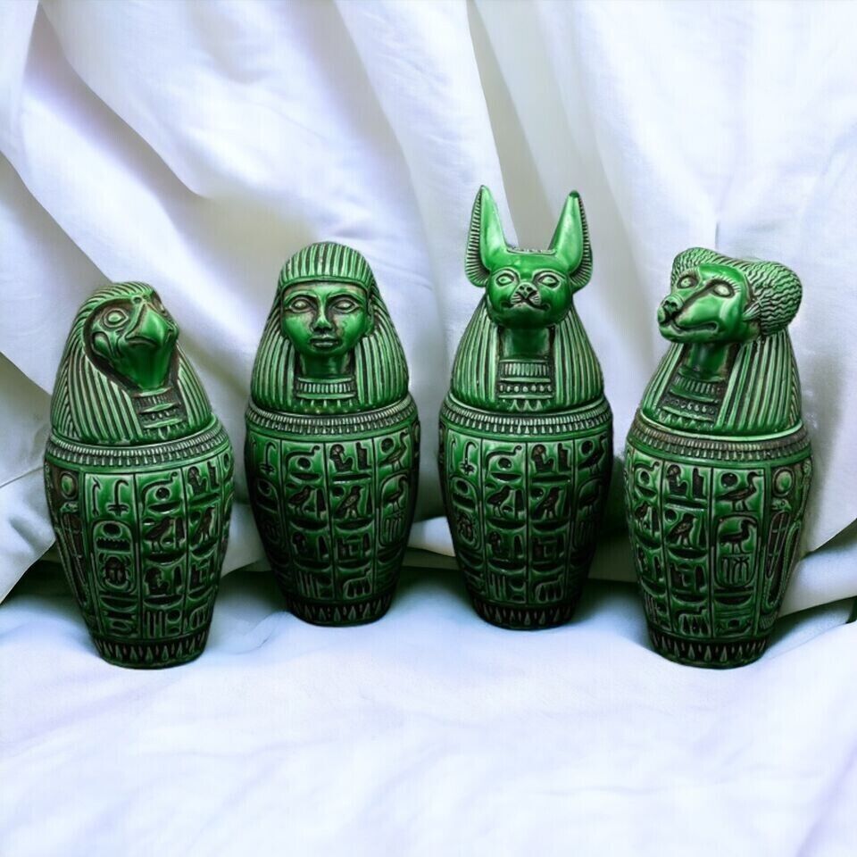 Rare Set Of Four Ancient Egyptian Canopic Jars Authentic Organ Carvings Egypt BC