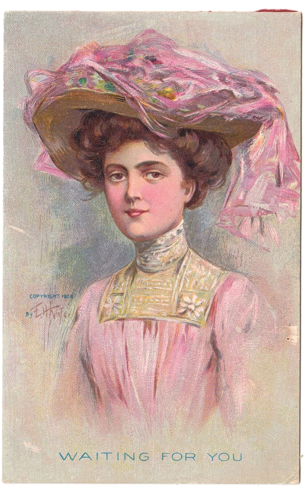 c1908 Artist Signed E.H. Kiefer~Pretty Lady in Pink Hat & Dress~Vintage Postcard