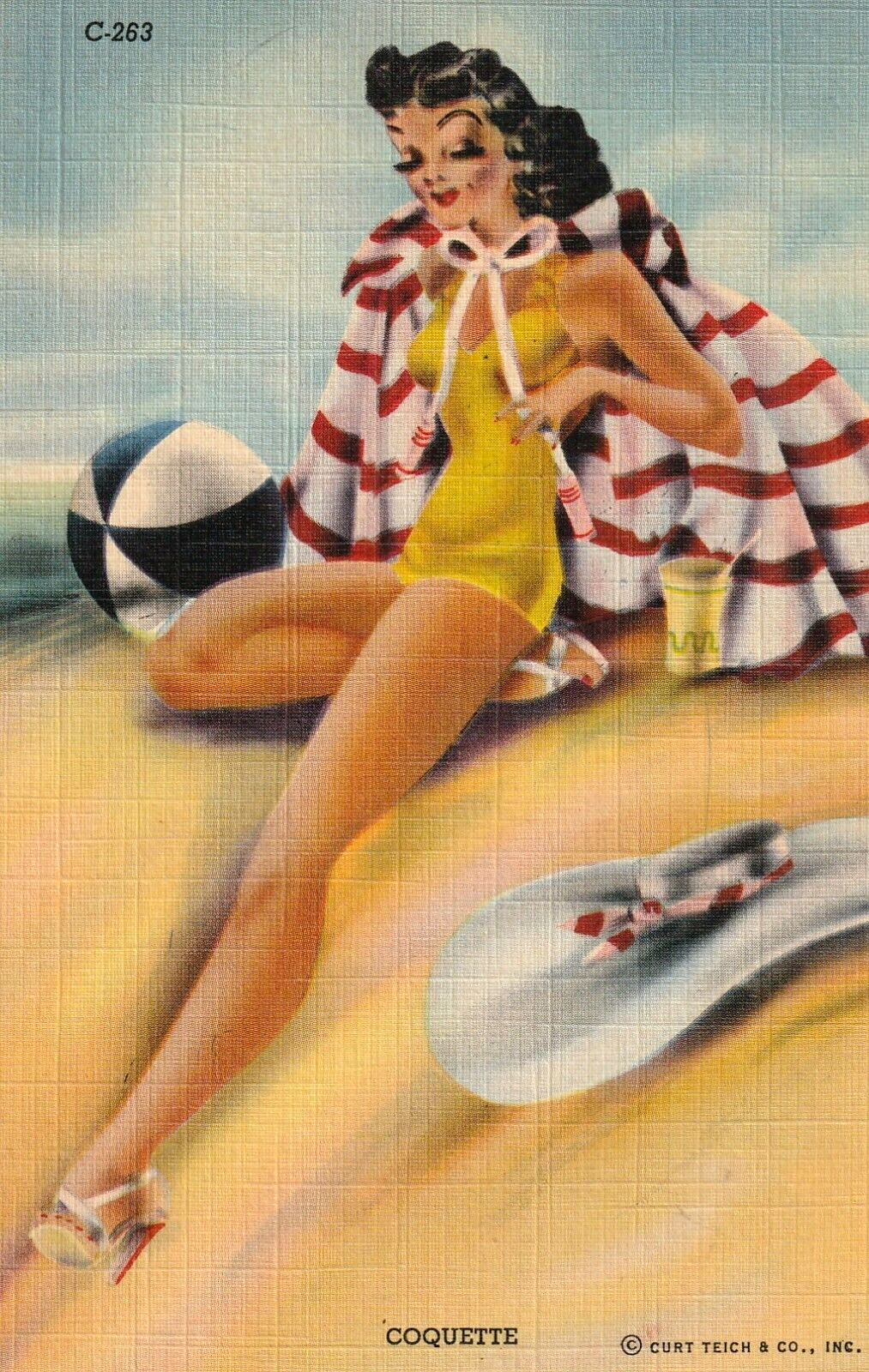Coquette Glamour PinUp Girl Bathing Beauties Series Curteich C263 Postcard