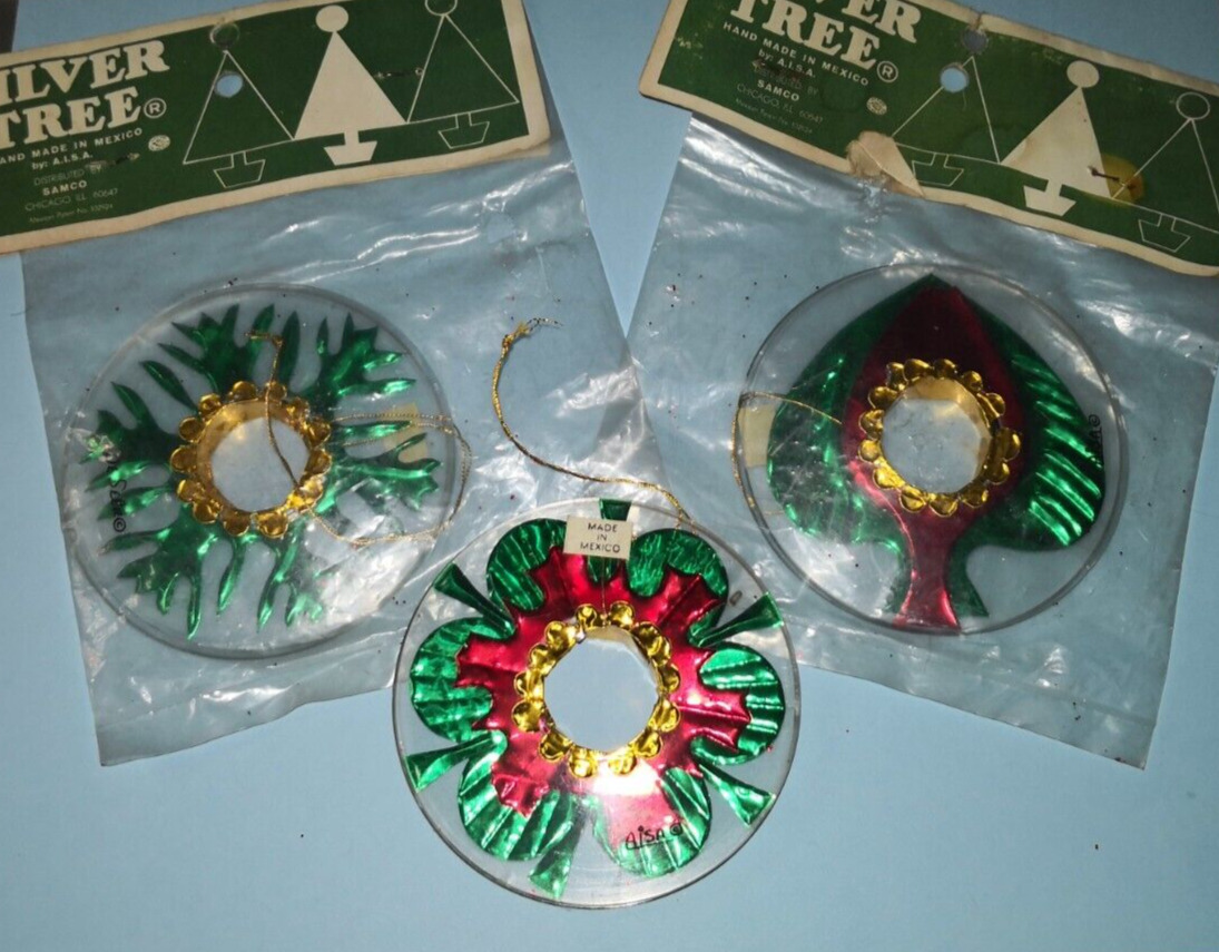 Vtg HTF Plastic Round Disc With Foil Shape Ornaments AISA Mexico Set 3