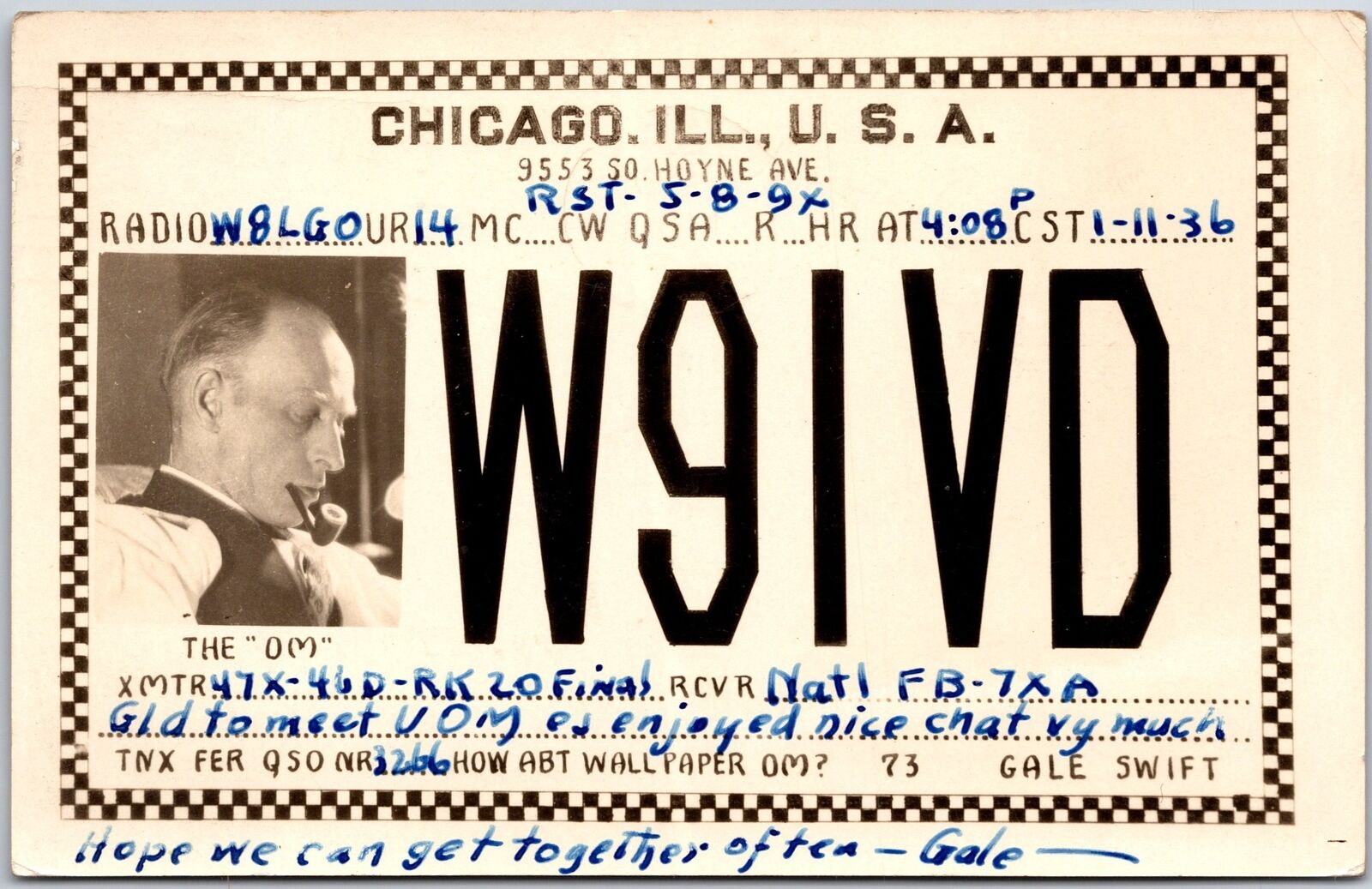 1936 QSL Radio Card W91VD Chicago Illinois Amateur Radio Station, Postcard