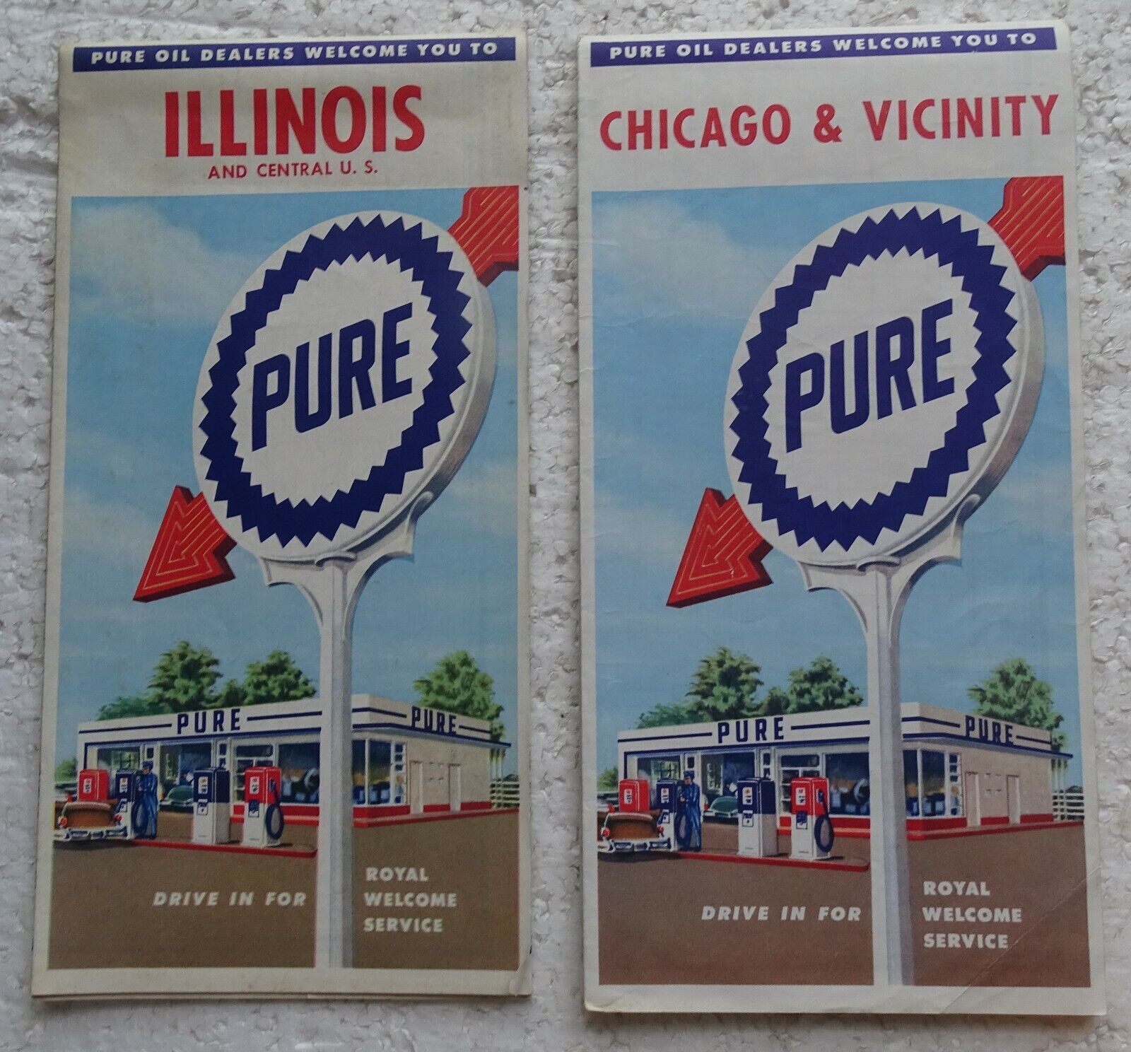 PURE OIL Gas Station Maps (2) ILLINOIS & CHICAGO circa 1950\'s