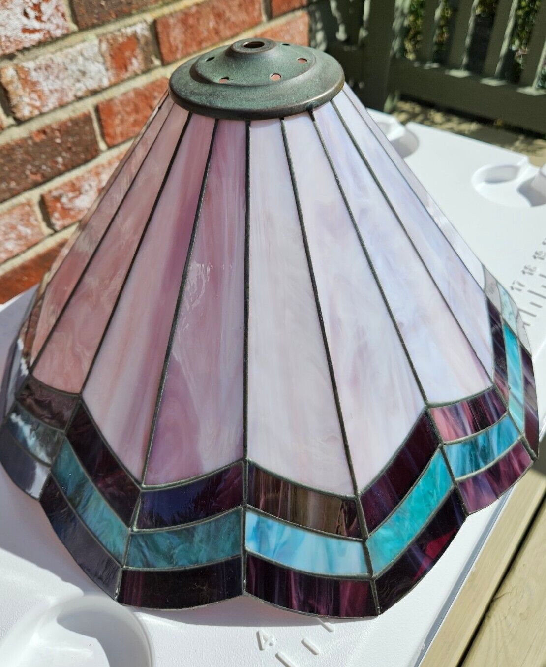 Vtg Leaded Slag Glass Lamp Shade 16 In Diameter Purple Teal Mauve Scalloped Edge