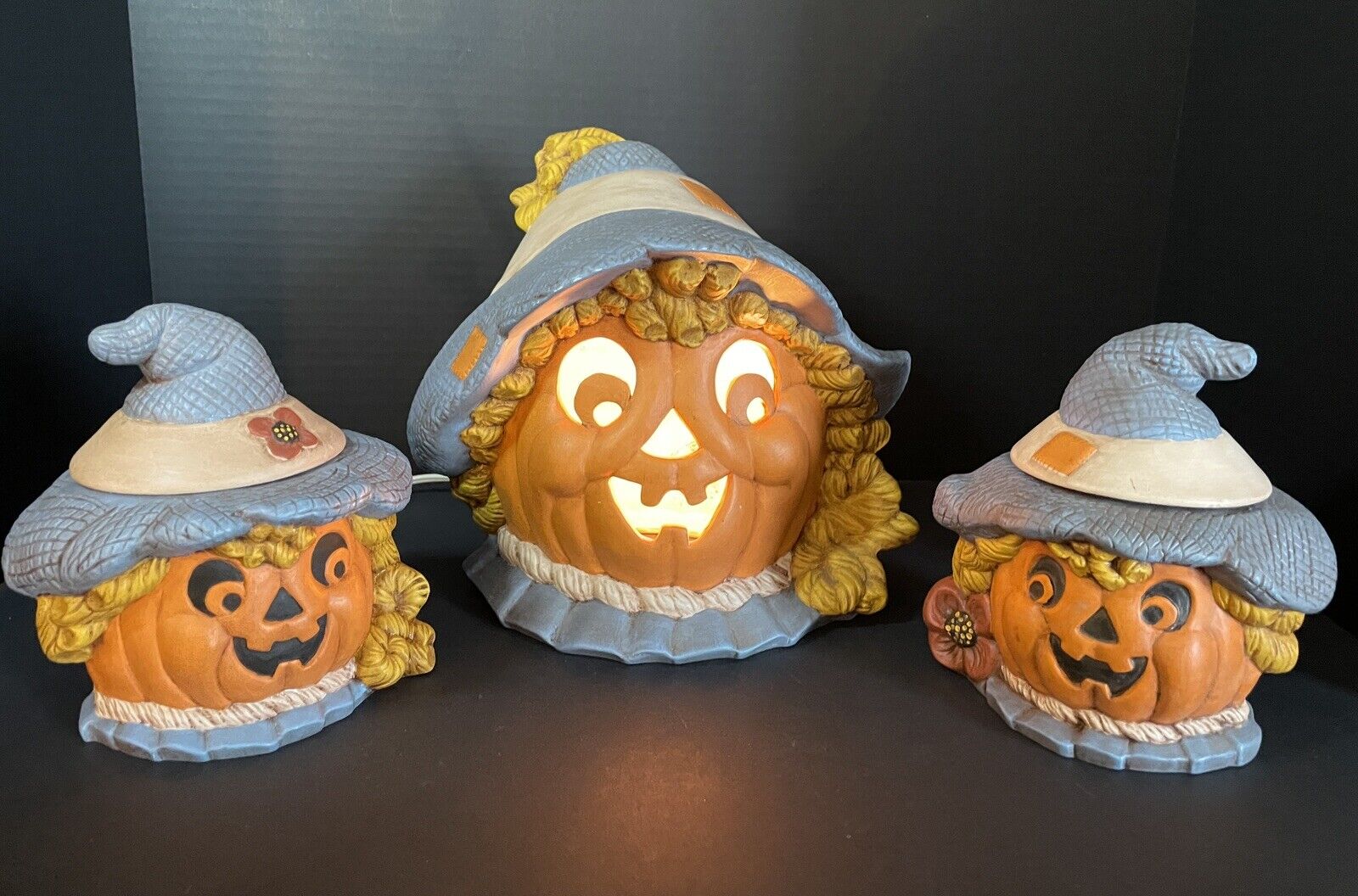 VTG 85’ Pumpkin Scarecrow Set Light up Ceramic Head W/2 Matching Candy Dishes
