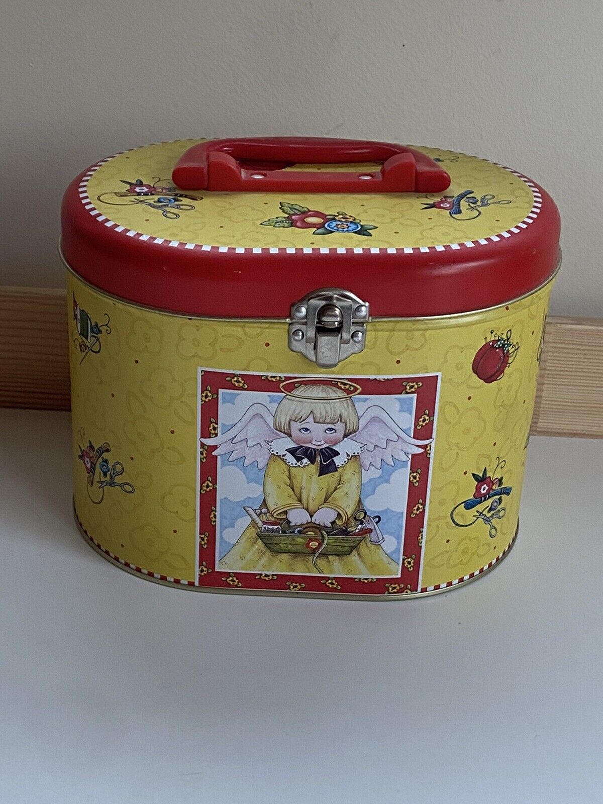 Mary Engelbreit Yellow & Red Metal Lunch Box W/Handle Latch Angel Sewing Tin