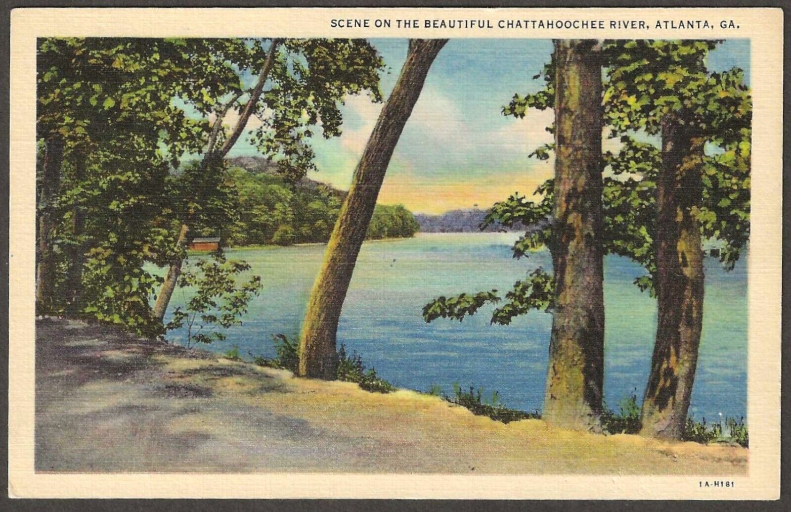 Scene On Beautiful Chattahoochee River Atlanta, Georgia Vintage Linen Postcard