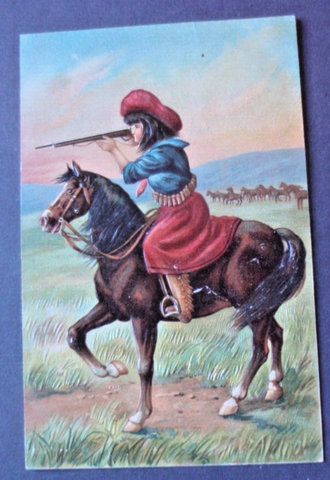 Fantasy Cowgirl Aiming Rifle, Embossed  Art Postcard posted 1908