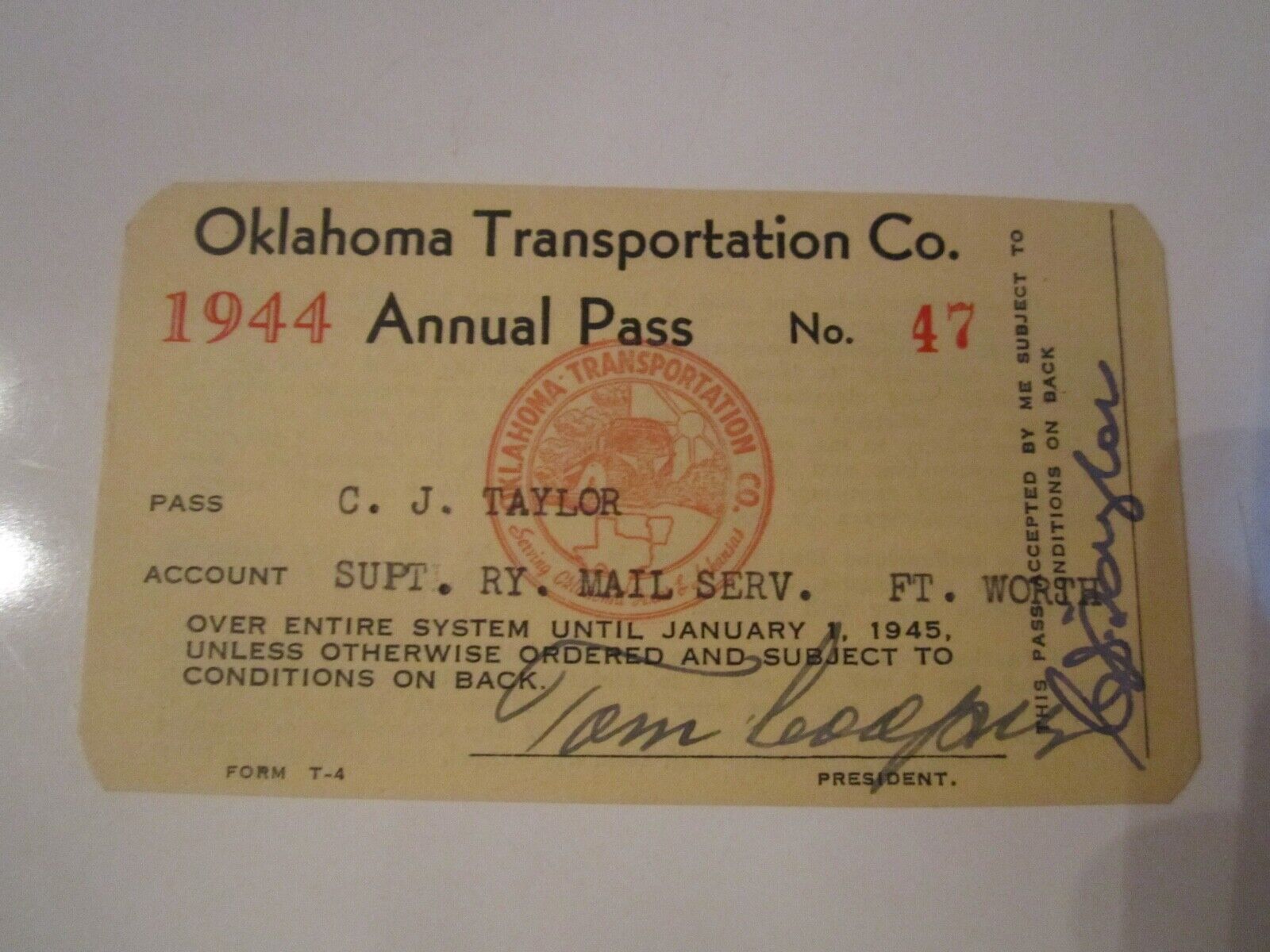 1944 OKLAHOMA TRANSPORTATION COMPANY PASS TRAVEL CARD 4\