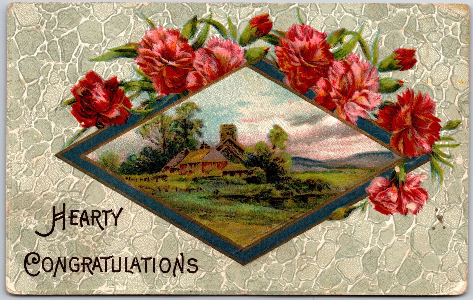 1913 Hearty Congratulations Red Flowers Home Landscape Greetings Posted Postcard
