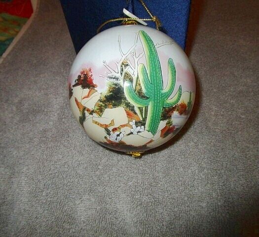 Desert SAGUARO Cactus HAND PAINTED Blown Glass ORNAMENT Sunset MOUNTAINS Boxed